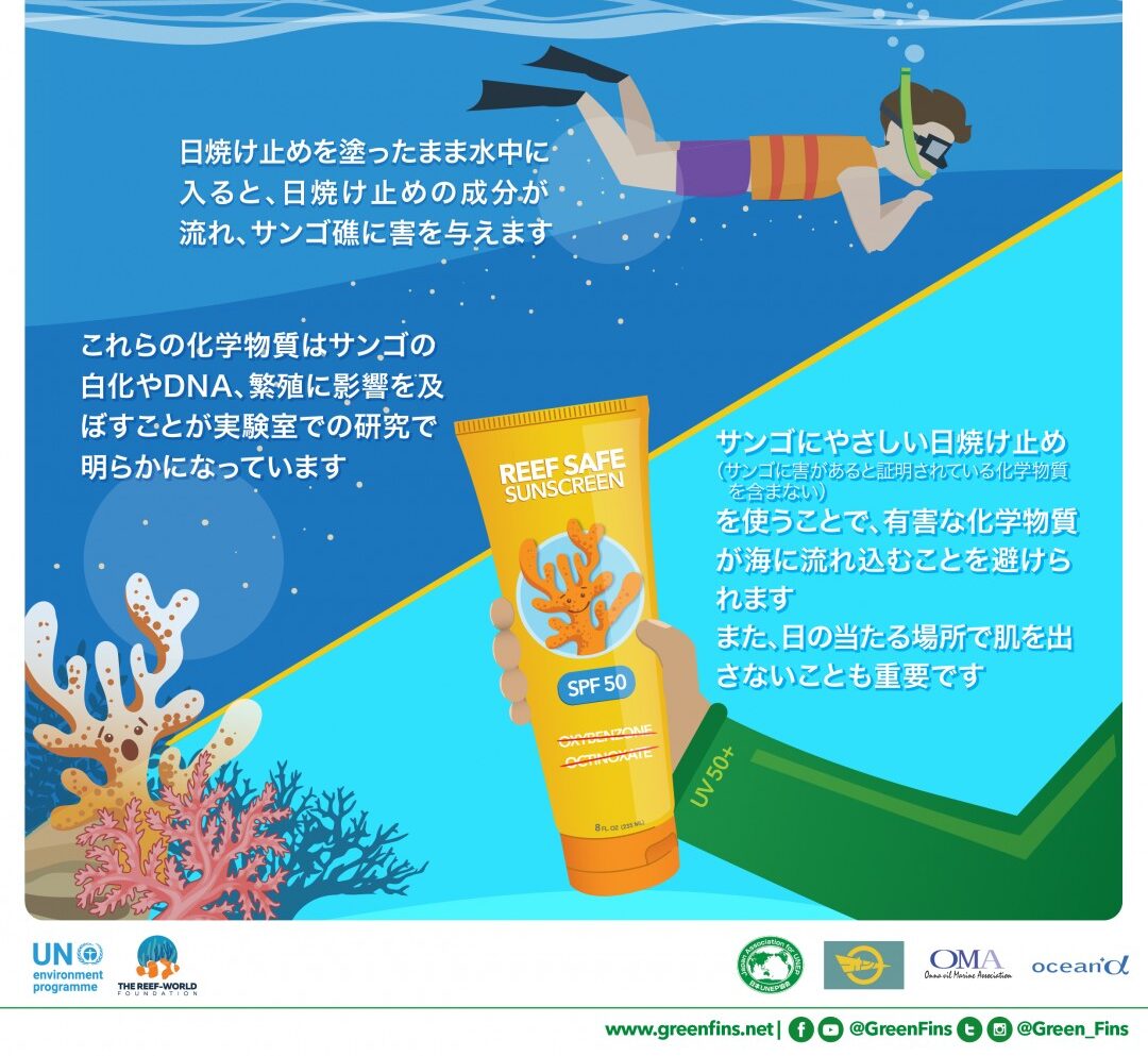 サンゴの白化・損傷の原因となる 「オキシベンゾン」と「オクチノキサート」を含まない日焼け止めの使用を推奨